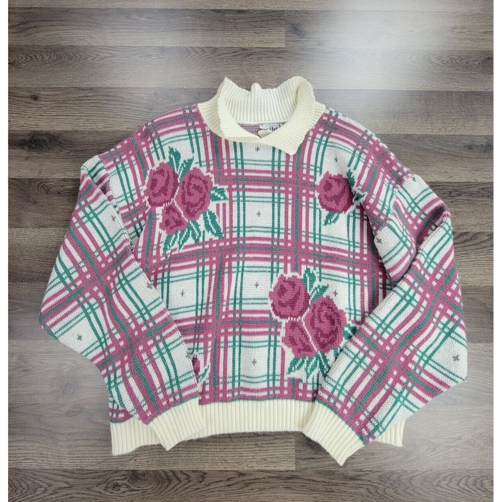 Vintage 90s Knitted Sweatshirt Large Roses Cricket Lane Floral Cottage Core
